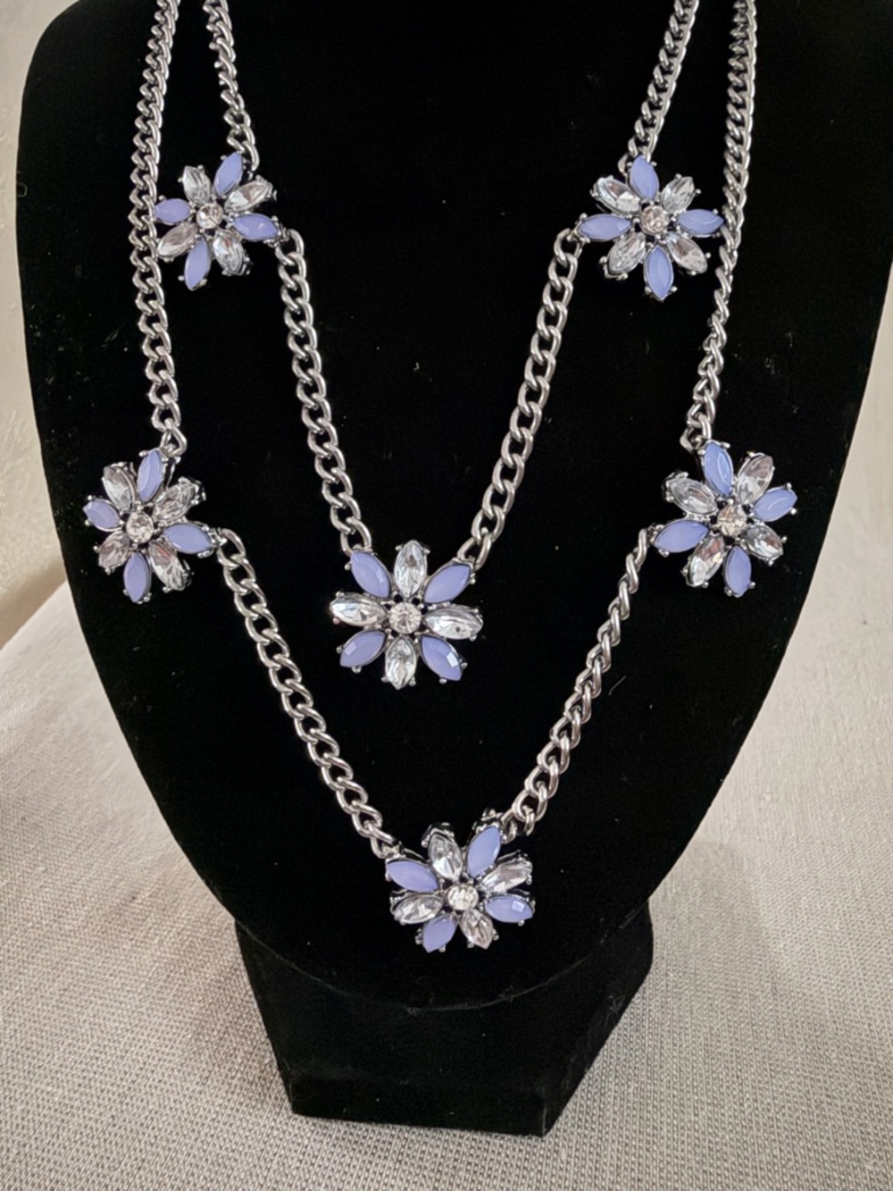 Silver Chain Multi-Flower Necklace with Lavender Crystal Petals - Picture 2 of 6